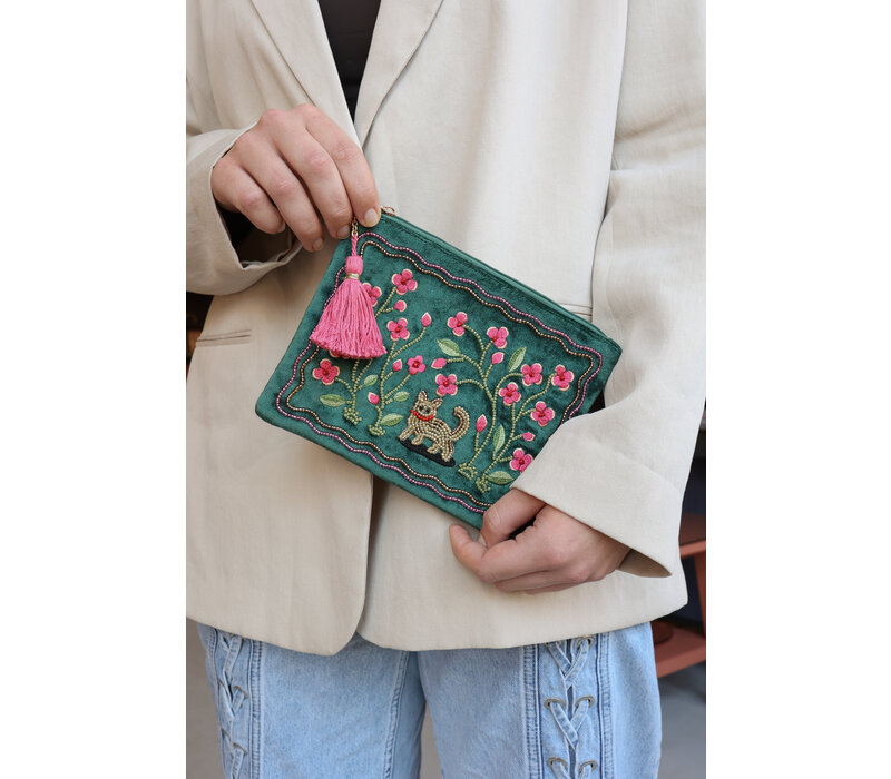 Big Beaded Pouch -  Cat and Flowers