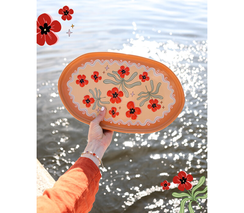 Grote Ovale Schaal Oranje met Bloemen
