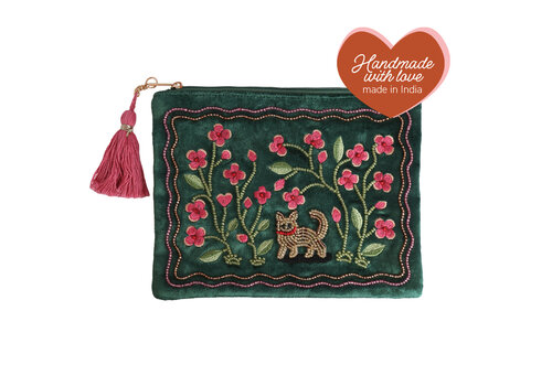 All the Luck in the World Big Beaded Pouch -  Cat and Flowers