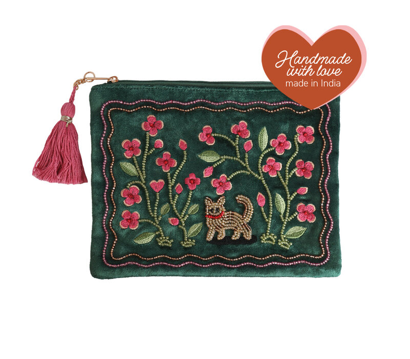 Big Beaded Pouch -  Cat and Flowers