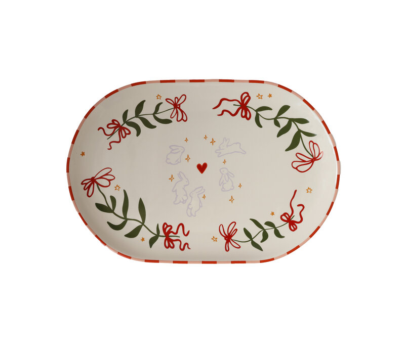 Oval Plate Flowers and Rabbits
