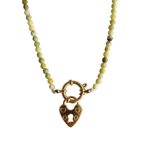 Light Green Beaded Necklace With Locked Heart Charm 