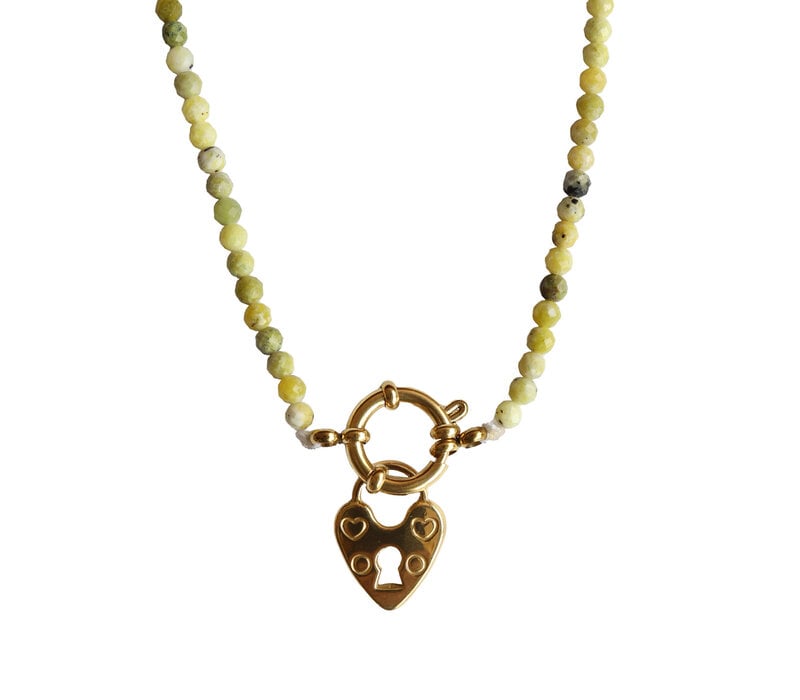 Light Green Beaded Necklace With Locked Heart Charm