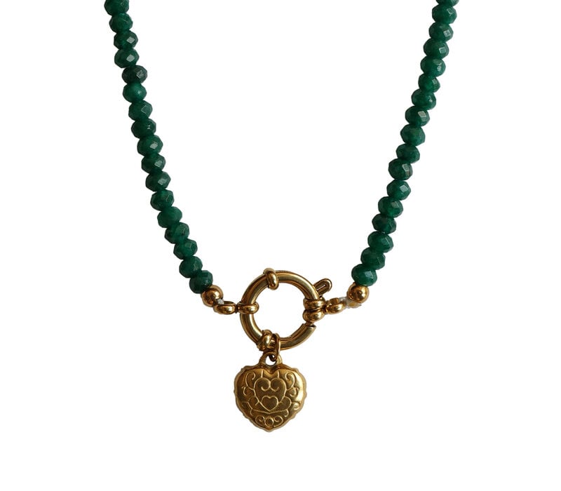 Green Beaded Necklace With Heart Charm