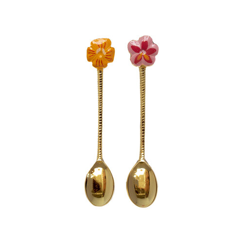 Messing Lepelset - Oranje en Roze Bloem 