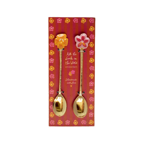 Brass Spoon Set – Orange and Pink Flower 
