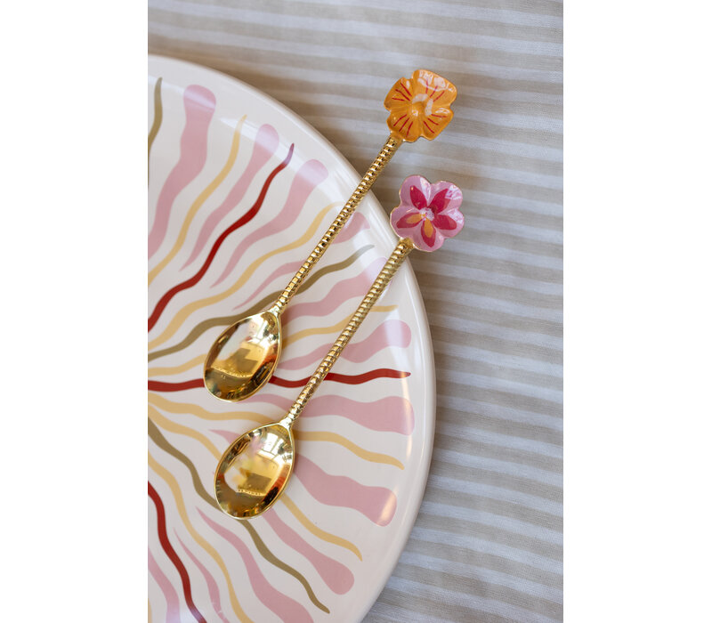 Messing Lepelset - Oranje en Roze Bloem