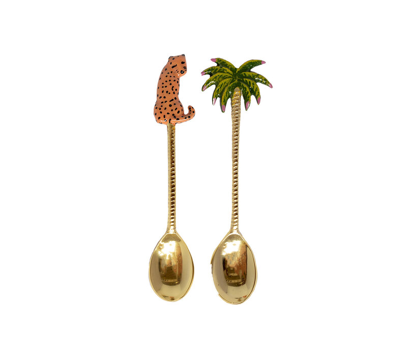 Messing Lepelset - Luipaard en Palmboom