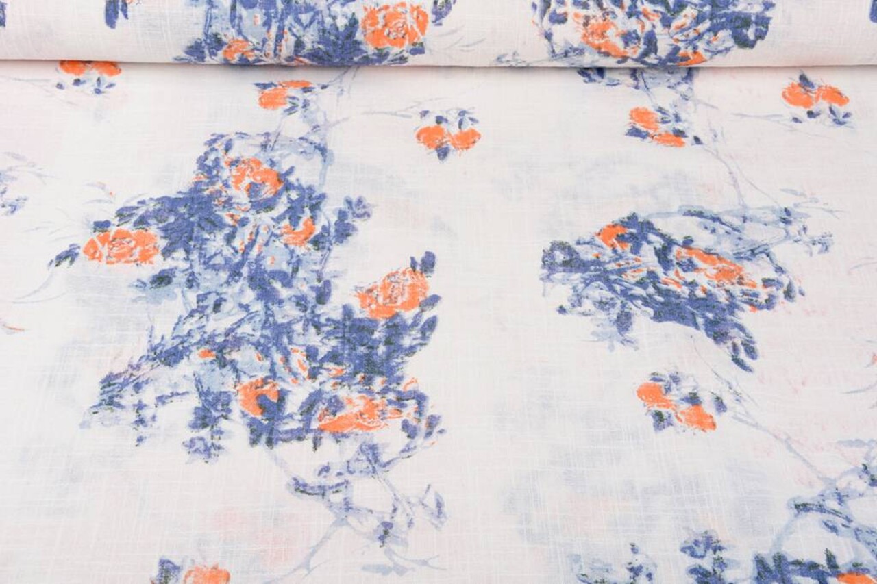 Gemustert Baumwolle Leinenlook Rosen Blau Orange