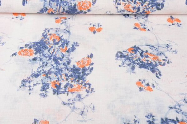 Imprimé Coton Aspect Lin Roses Bleu Orange