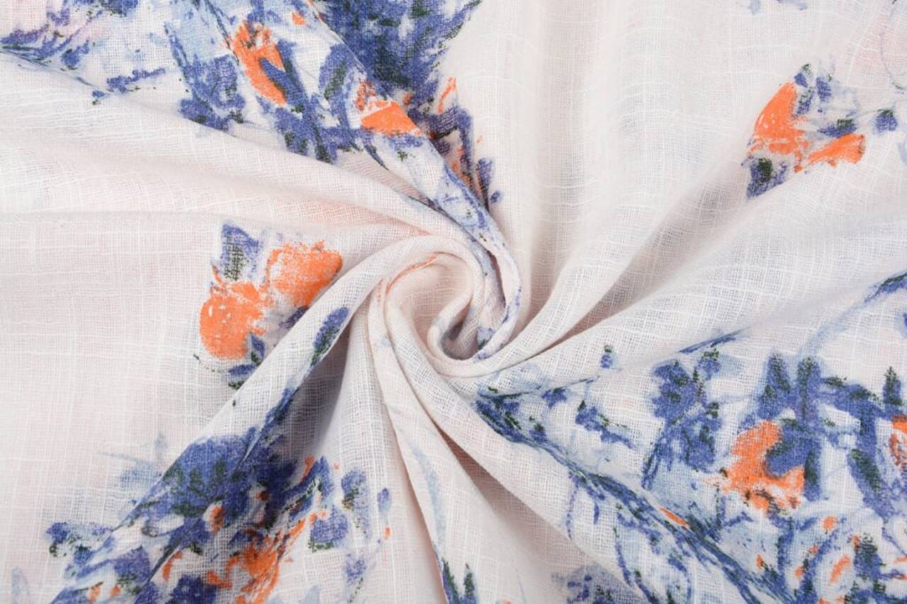Estampado Algodón Efecto Lino Rosas Azul Naranja Estampado Algodón Efecto Lino Rosas Azul Naranja