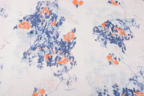 Bedrukt Katoen Linnenlook Rozen Blauw Oranje