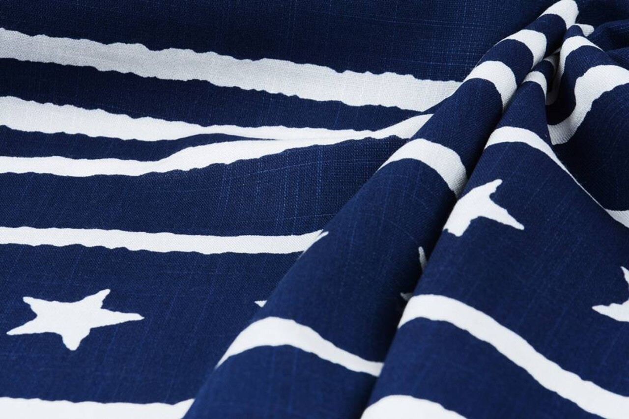 Tejido con Aspecto de Lino Estampado Estrella a Rayas Azul Marino Tejido con Aspecto de Lino Estampado Estrella a Rayas Azul Marino