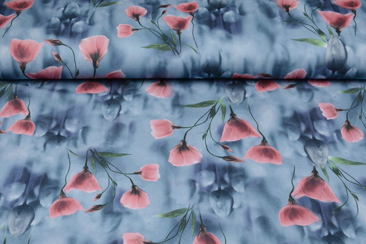 Scuba Crepe Grijs Blauw Klaproos Oud Roze