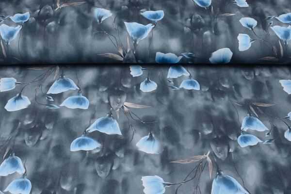 Scuba Crepe Bedrukt Grijs Klaproos Blauw Scuba Crepe Bedrukt Grijs Klaproos Blauw