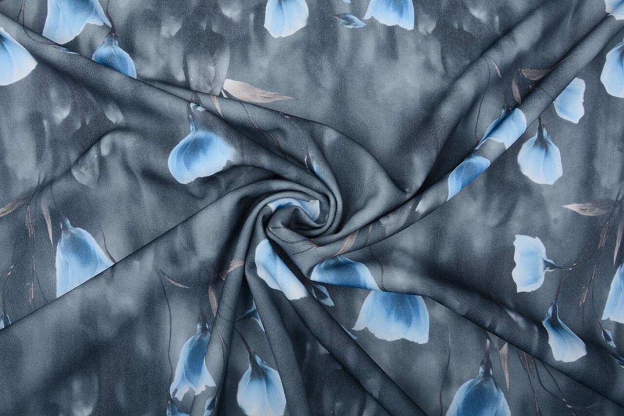 Scuba Crepe Bedruckt Grau Mohn Blau