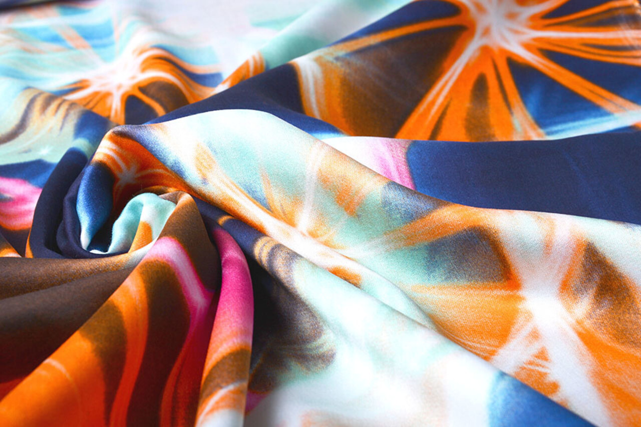 100% Viscose Digitaal Print Neon Blauw Oranje