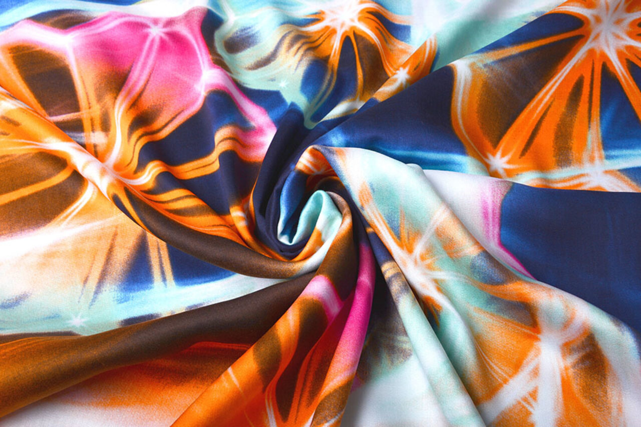 100% Viscose Digitaal Print Neon Blauw Oranje