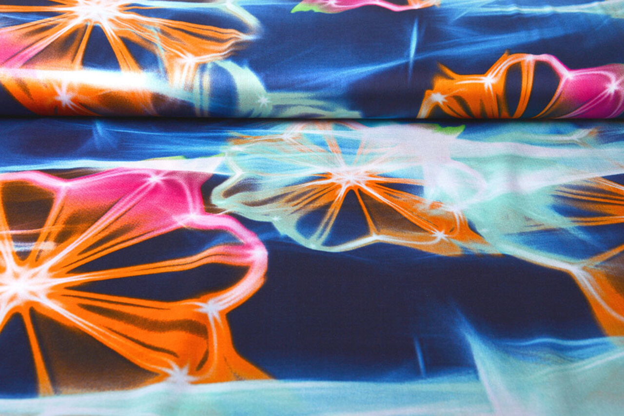 100% Viskose Digital Printed Neon Blau Orange 100% Viskose Digital Printed Neon Blau Orange