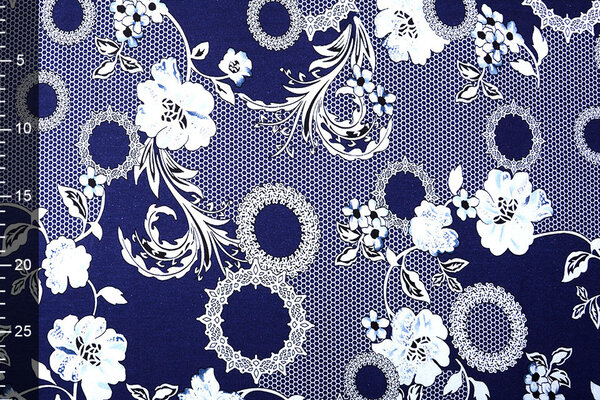 Viscosa Jersey Laccato Bunga Fiore Blu Navy