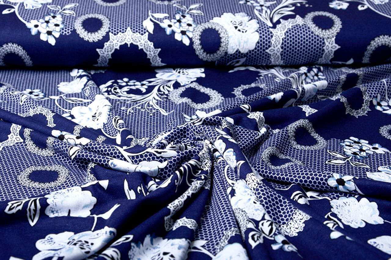 Viscose Jersey Lacquar Bunga Bloem Marine Blauw