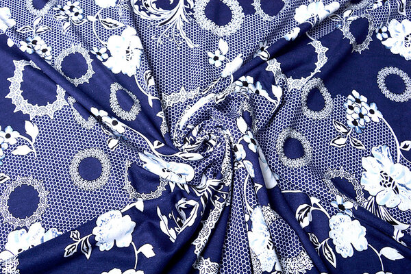 Viscose Jersey Lacquar Bunga Bloem Marine Blauw