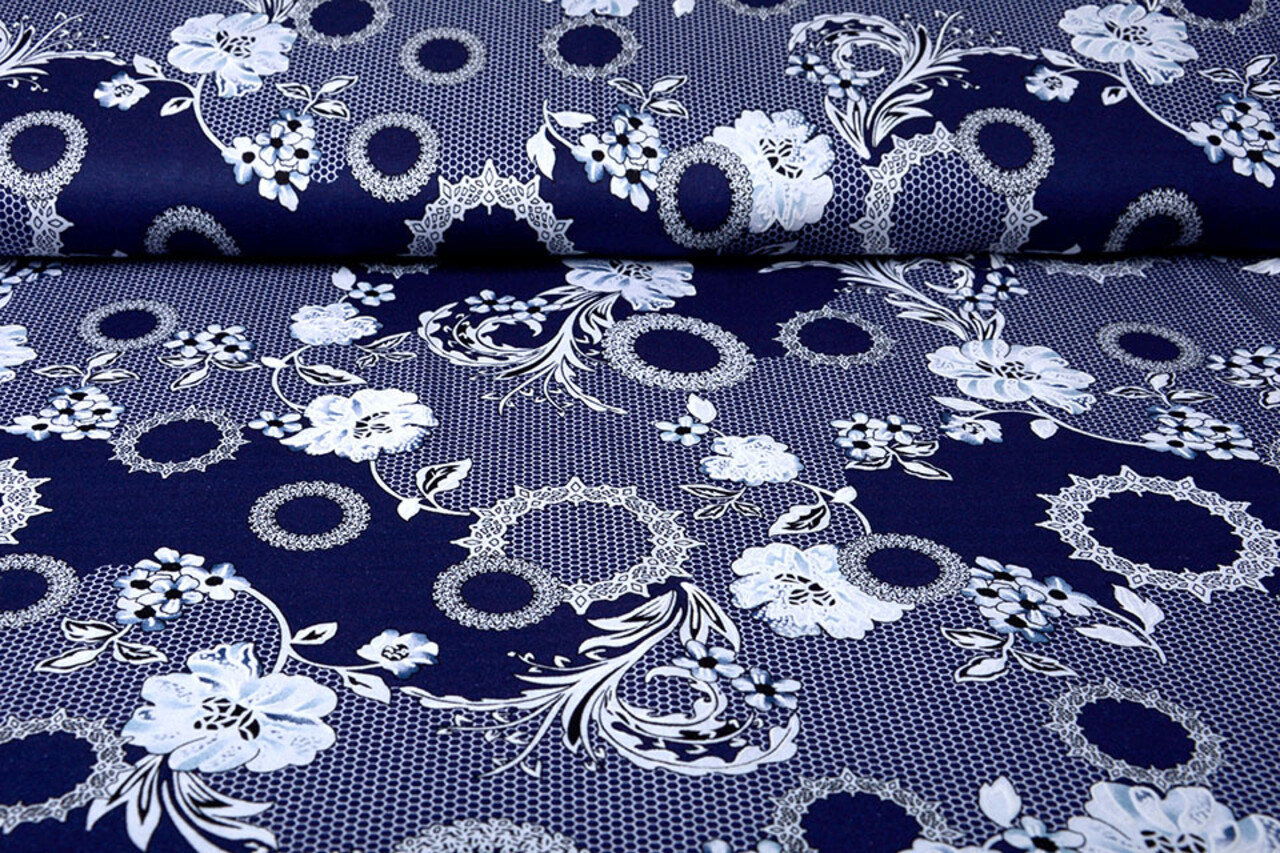 Viscose Jersey Lacquar Bunga Flower Navy Blue Viscose Jersey Lacquar Bunga Flower Navy Blue