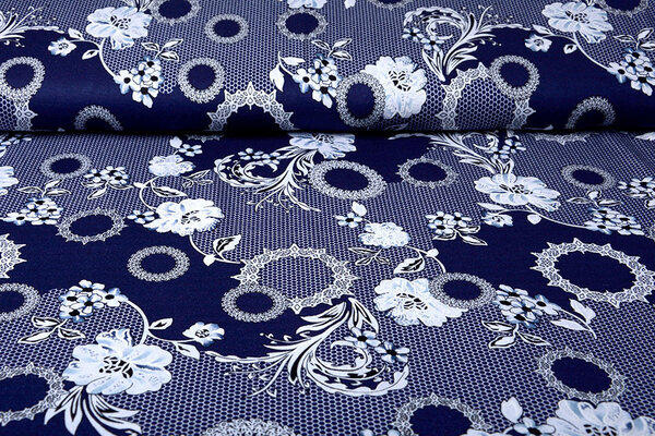 Viscosa Jersey Laccato Bunga Fiore Blu Navy