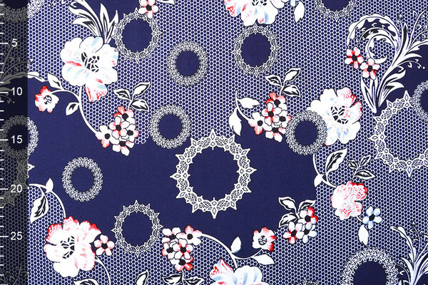 Viscose Jersey Lacquar Bunga Bloem Marine Rood Viscose Jersey Lacquar Bunga Bloem Marine Rood