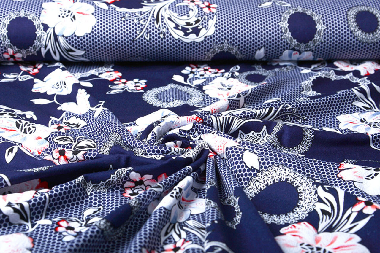 Viscosa Jersey Laccato Bunga Fiore Blu Navy Rosso Viscosa Jersey Laccato Bunga Fiore Blu Navy Rosso