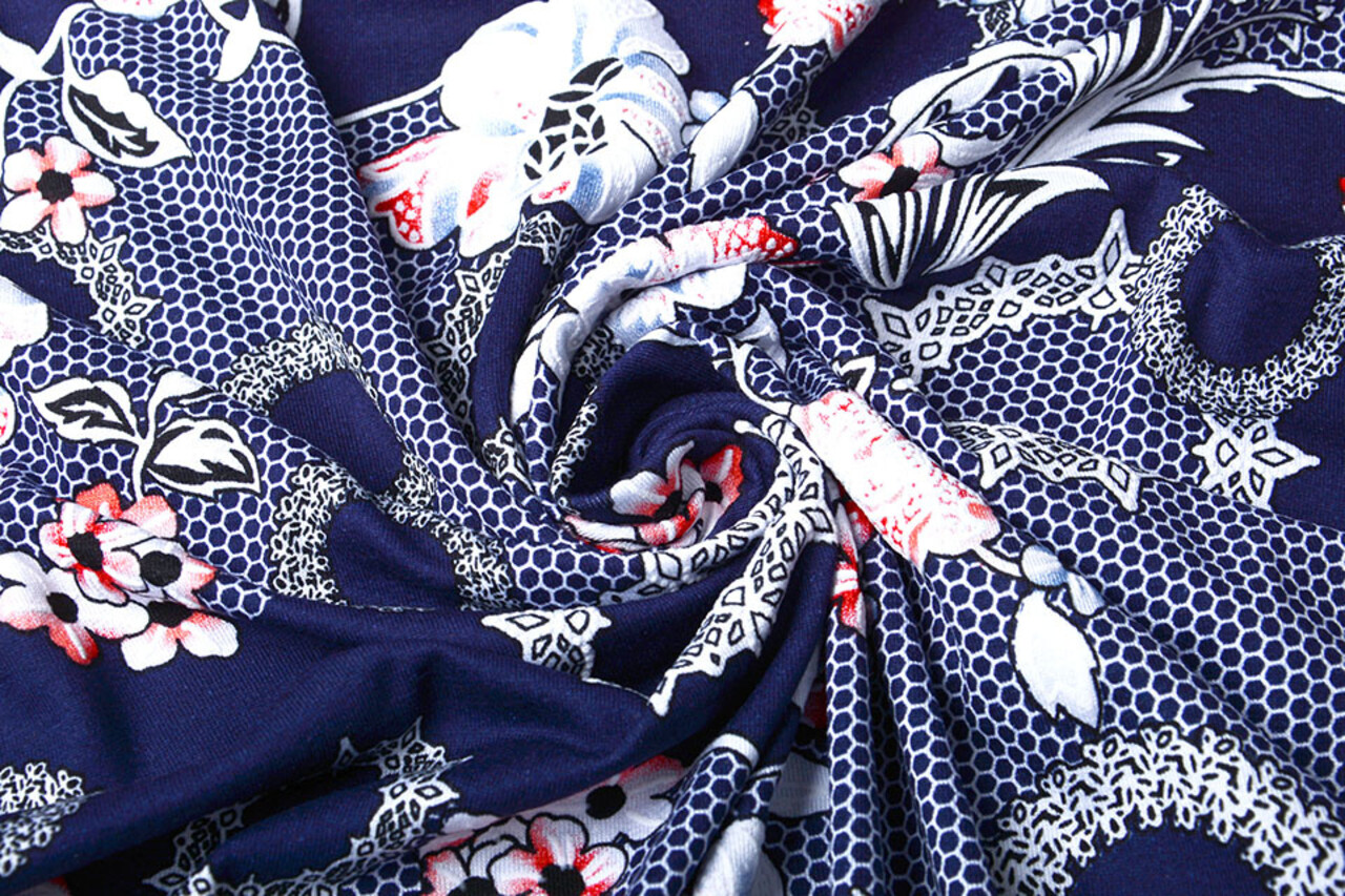 Viscosa Jersey Laccato Bunga Fiore Blu Navy Rosso Viscosa Jersey Laccato Bunga Fiore Blu Navy Rosso