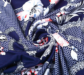 Viscosa Jersey Laccato Bunga Fiore Blu Navy Rosso Viscosa Jersey Laccato Bunga Fiore Blu Navy Rosso