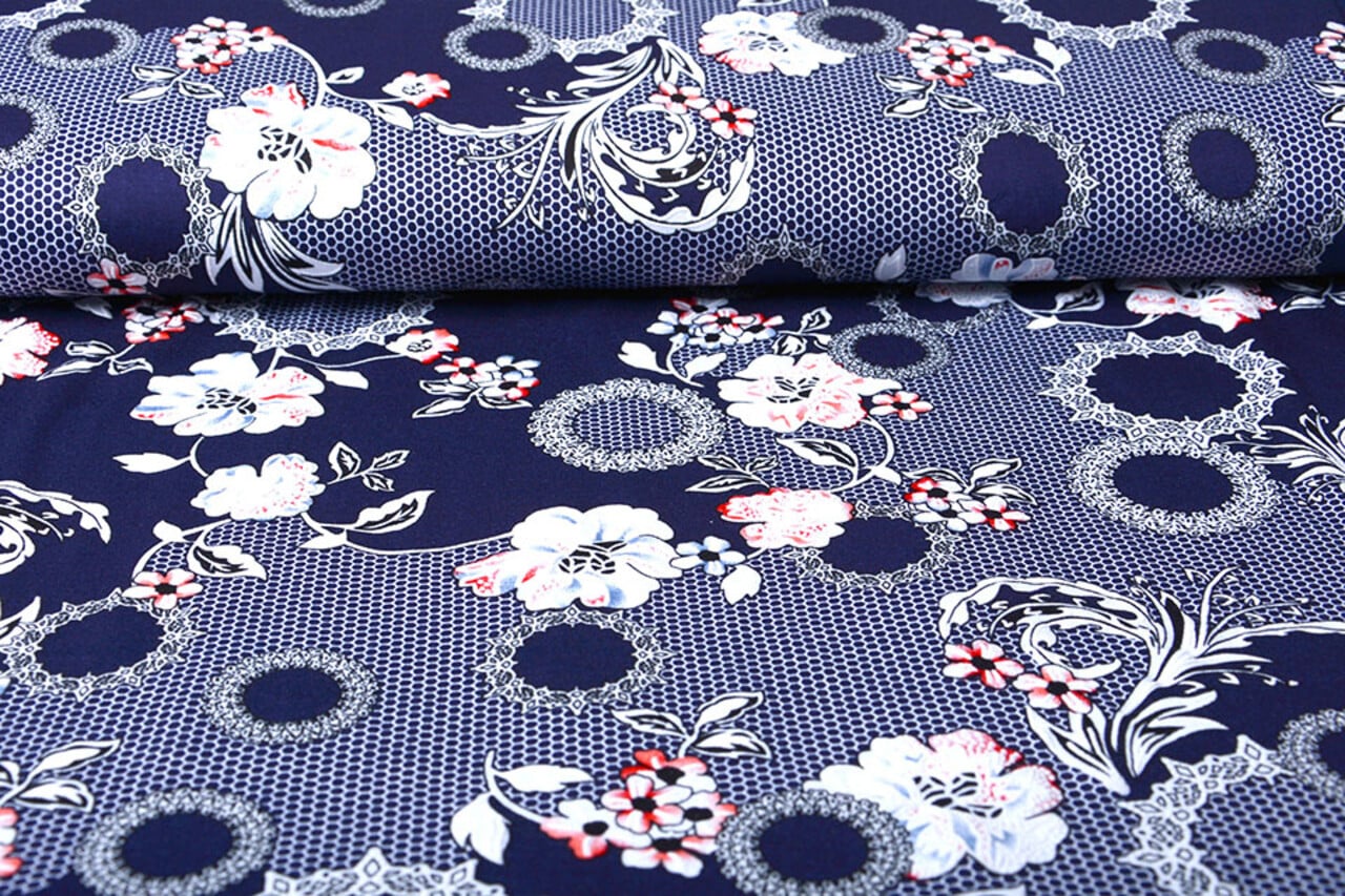 Jersey Viscose Lacquar Bunga Fleur Marine Rouge Jersey Viscose Lacquar Bunga Fleur Marine Rouge