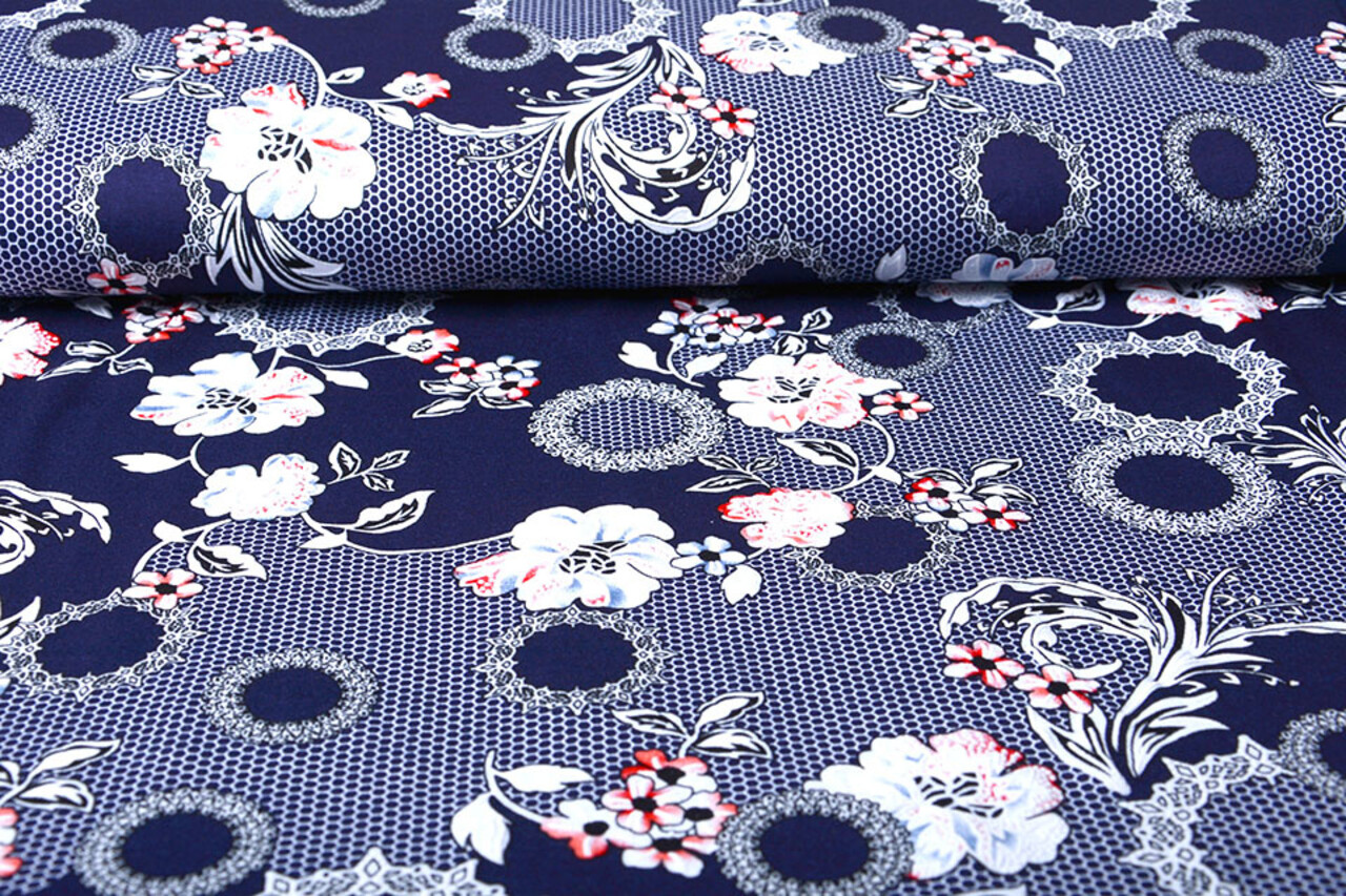 Viscose Jersey Lacquar Bunga Bloem Marine Rood Viscose Jersey Lacquar Bunga Bloem Marine Rood