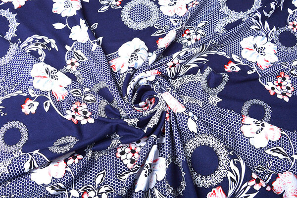 Viscose Jersey Lacquar Bunga Bloem Marine Rood Viscose Jersey Lacquar Bunga Bloem Marine Rood