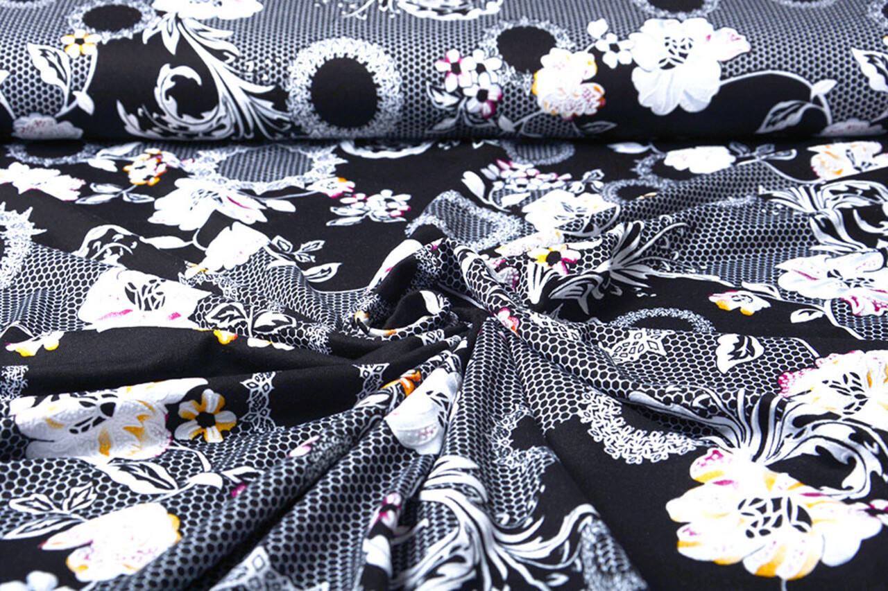 Viscosa Jersey Laccato Bunga Fiore Nero Viscosa Jersey Laccato Bunga Fiore Nero