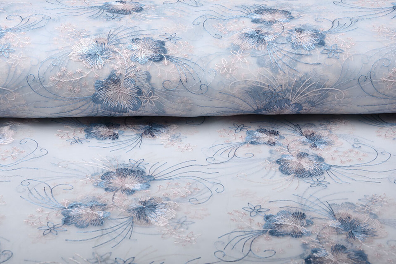 Mesh Embroidered Flower Blue Pink