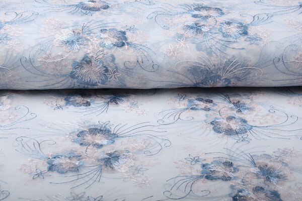 Mesh Embroidered Flower Blue Pink