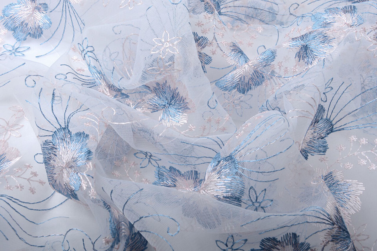 Mesh Embroidered Flower Blue Pink