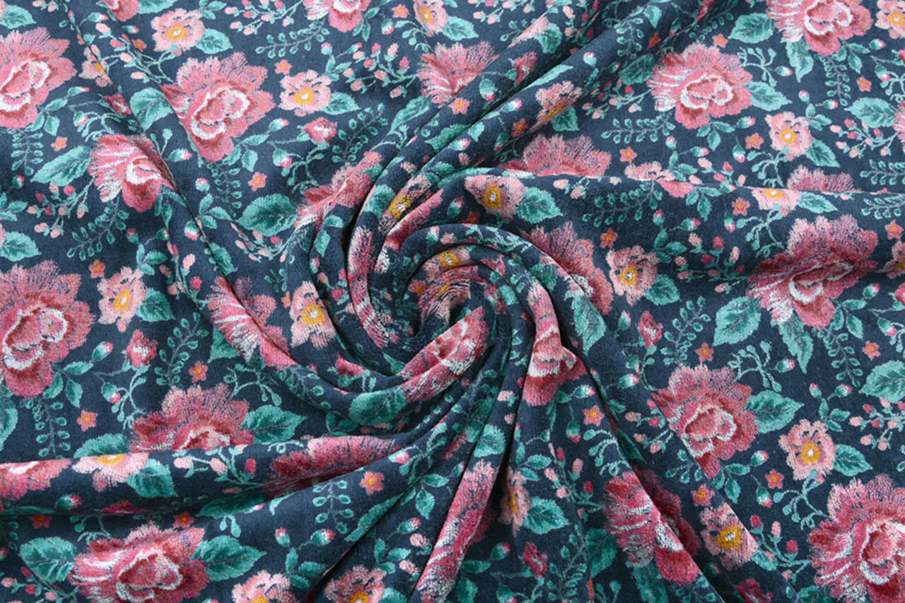 Nicki Samt Blumen Marine Blau Nicki Samt Blumen Marine Blau