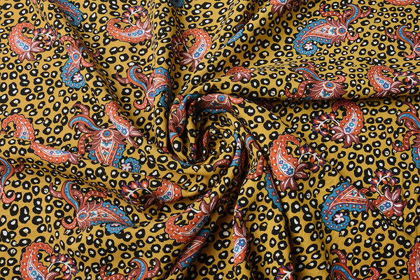 100% Viscose Panther Paisley Ocher Yellow