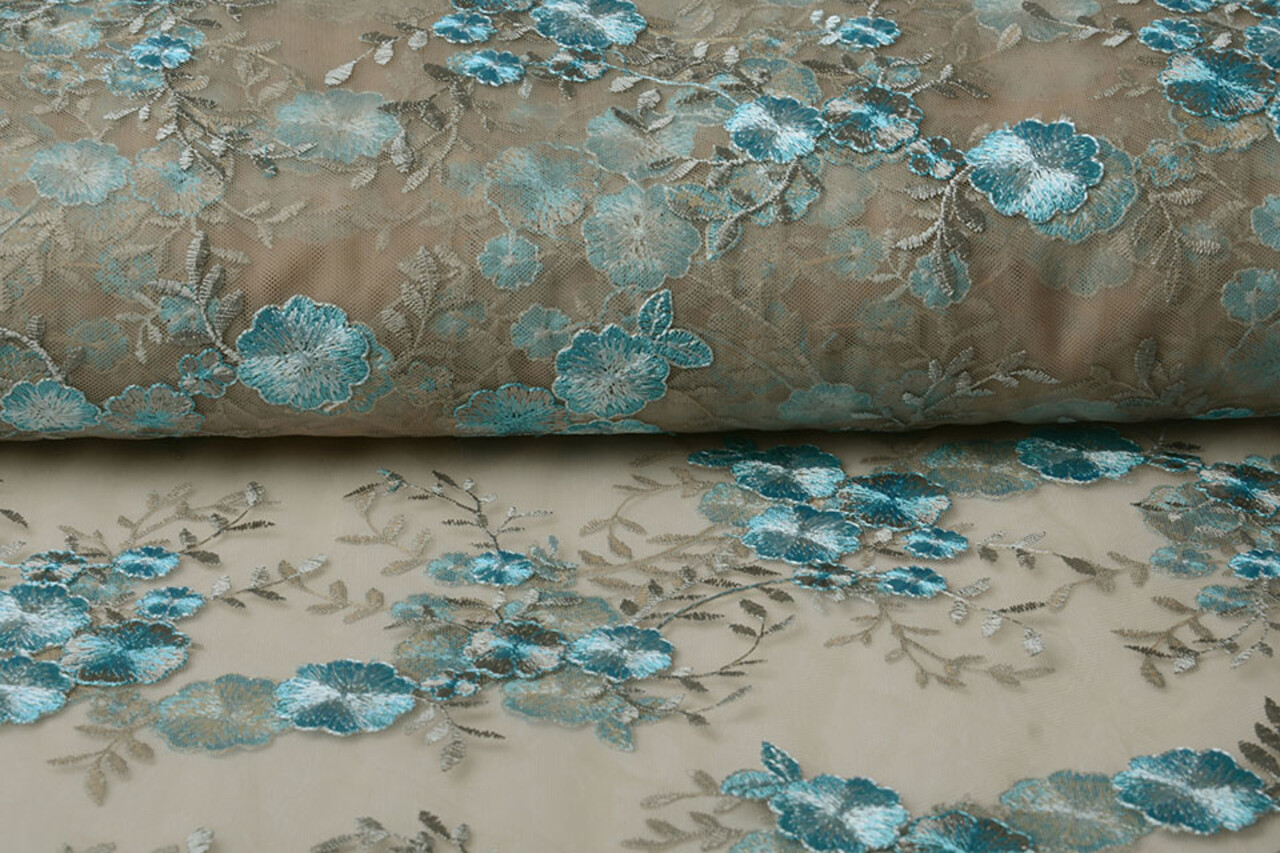 Mesh Geborduurd Olivia Taupe Blauw
