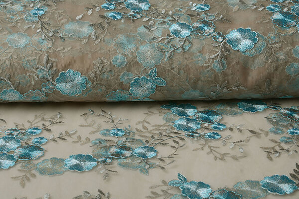 Mesh Geborduurd Olivia Taupe Blauw
