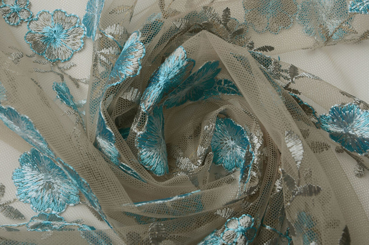 Netz Bestickt Olivia Taupe Blau