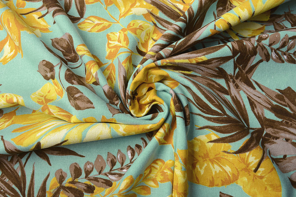 Viscose Linen Tropical Leaves Light Turquoise