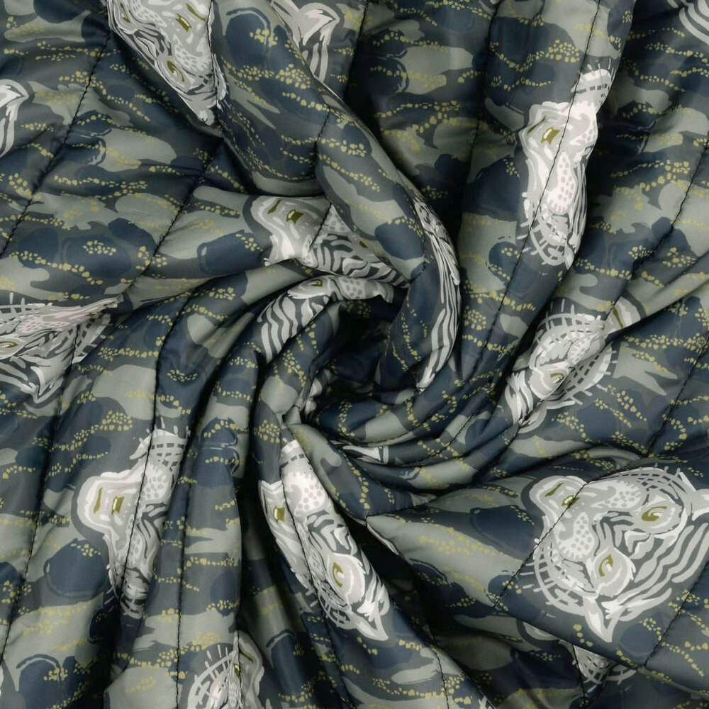 Quilted Jacketfabric Tiger Head Gray Army Green Quilted Jacketfabric Tiger Head Gray Army Green