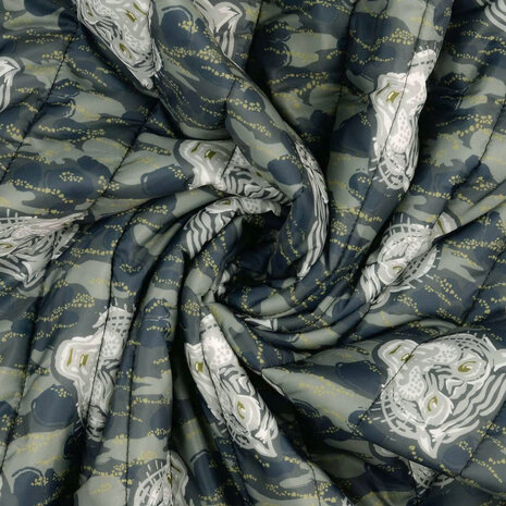Quilted Jacketfabric Tiger Head Gray Army Green Quilted Jacketfabric Tiger Head Gray Army Green