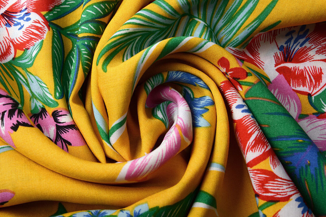 100% Viscose Amazone Bladeren Oker Geel 100% Viscose Amazone Bladeren Oker Geel