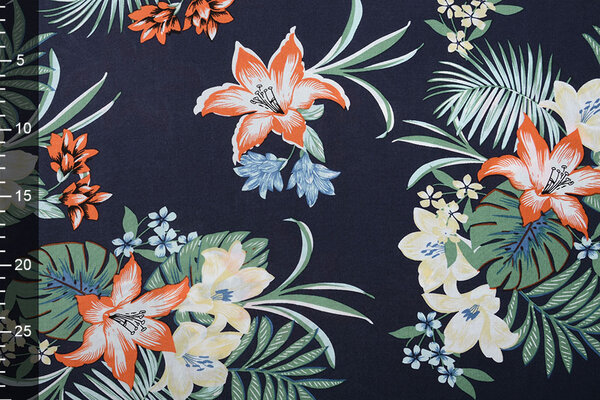 100% Viscose Amazone Bladeren Marine Blauw