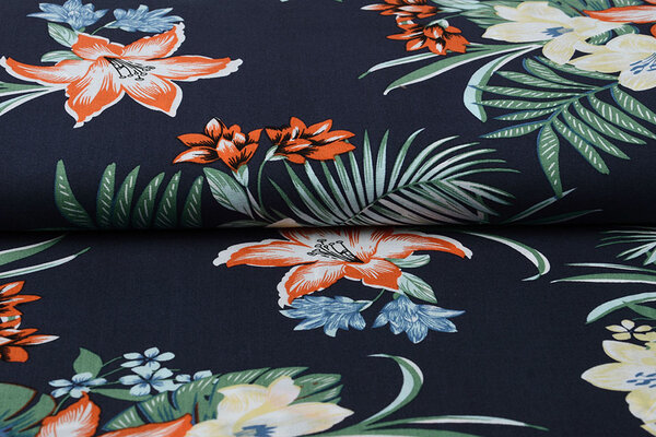 100% Viscose Amazone Bladeren Marine Blauw